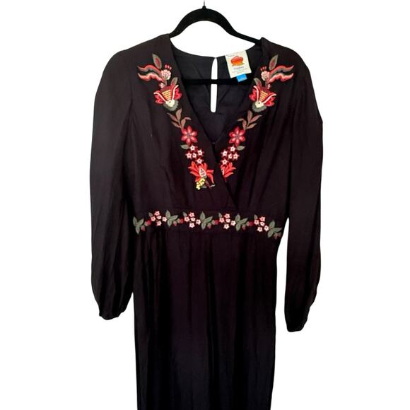 Farm Rio for Anthropologie Black Embroidered Maxi Dress Size S Boho Floral - Picture 4 of 7